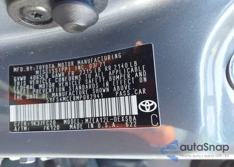 2021 Toyota Corolla Se из США, поврежденный, VIN 5YFS4MCE8MP082941